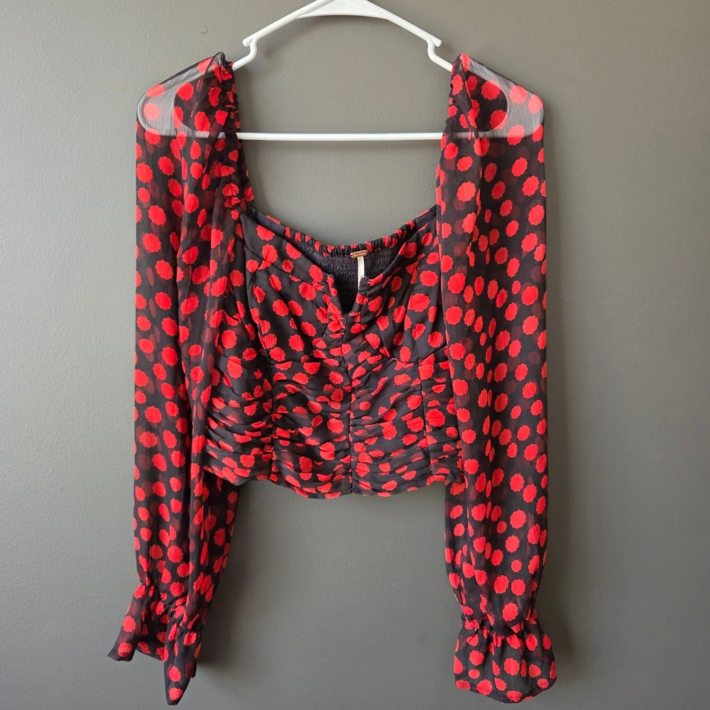 Free People Red Black Polka Dot Ruched Smocked Long Sleeve Crop Top‎ Size S